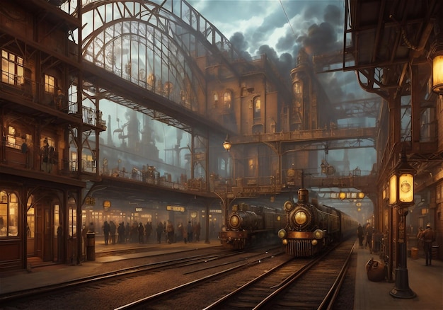 Gare de style steampunk et rétrofuturisme Gare