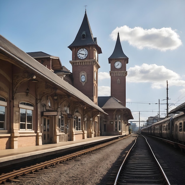 Gare avec tour de l'horloge et voies ferrées