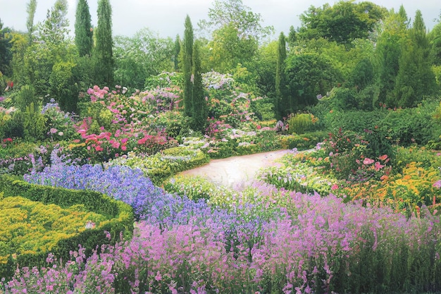 Garez-vous le long du chemin de printemps à travers un joli paysage de jardin Fond floral dans un paysage de printemps