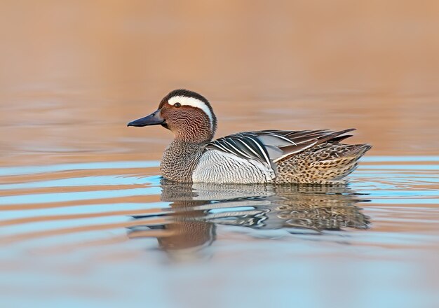 Garganey mâle adulte flotte dans l'eau dans le temps avant le lever du soleil