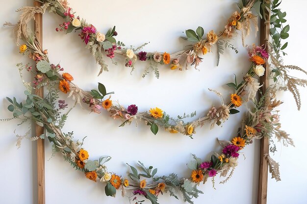 Photo garland de mur floral diy avec des plantes séchées et de la ficelle fabriquant un mur botanique fait à la main