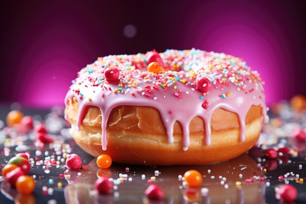 Une garniture de donut avec de la confiture colorée rosa bonheur photographie alimentaire 85 mm avec dof et bokeh éclairage blanc lumière de studio