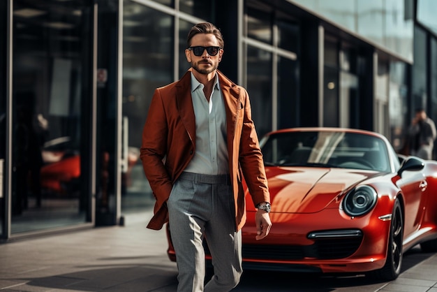 un gars cool a une belle coiffure dans des vêtements à la mode marchant dans la rue avec une mode de haute qualité