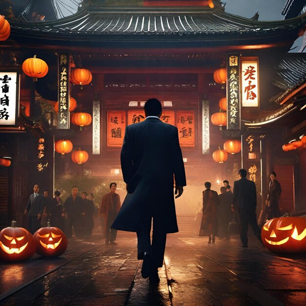 Photo le gars dans le thème d'halloween chinatown