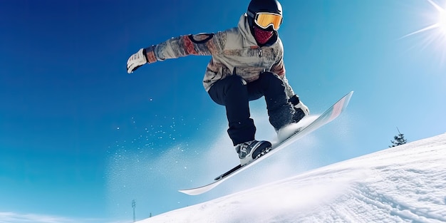 Un gars énergique qui fait du snowboard sur des pics enneigés AI générative