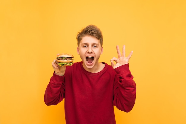 Un gars expressif avec un hamburger dans ses mains montre un signe OK et regarde la caméra sur un jaune