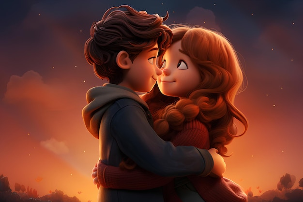 Un gars et une fille aux cheveux roux s'embrassent en se regardant dans les yeux dans le style de dessin animé
