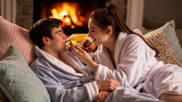 Le gars et la fille robe de bain la fille nourrit le gars de fruits