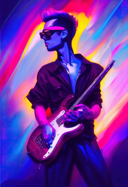 Un gars joue de la guitare électrique dans un espace néon syntwave