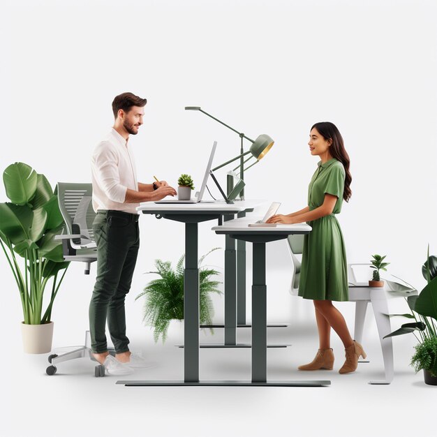 Un gars réaliste et une fille réaliste travaillant joyeusement sur le travail de bureau sur fond blanc d'ordinateur