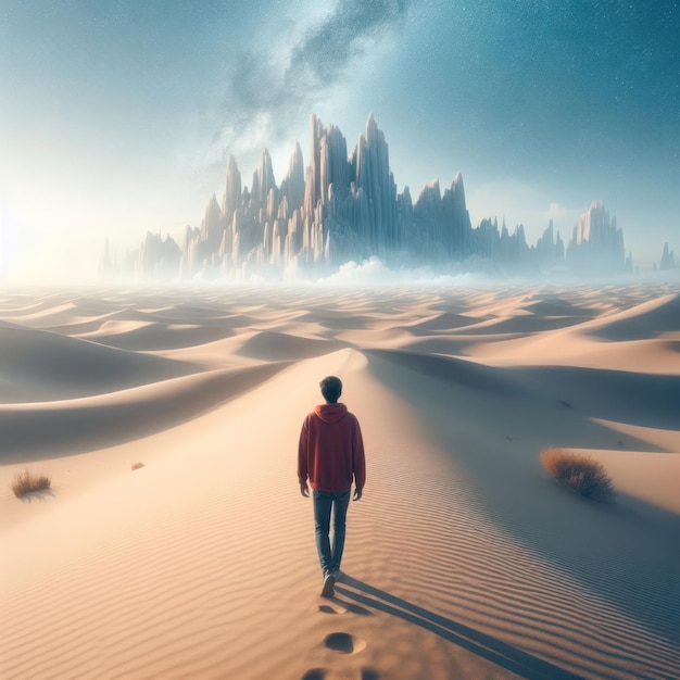 Un gars seul marchant dans le désert