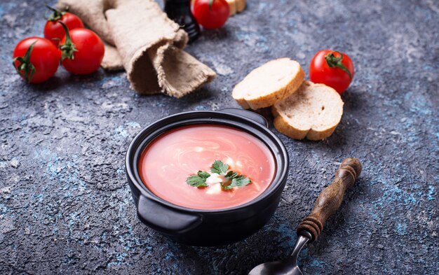 Gaspacho de soupe aux tomates dans une marmite