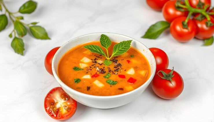 Photo gaspacho soupe tomate froide concombre poivron menthe isolé avec des points blancs