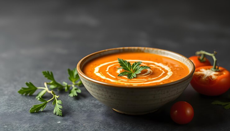 Photo gaspacho soupe tomate froide concombre poivron menthe isolé avec des points blancs