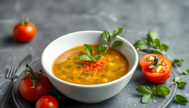 Photo gaspacho soupe tomate froide concombre poivron menthe isolé avec des points blancs