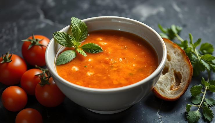 Photo gaspacho soupe tomate froide concombre poivron menthe isolé avec des points blancs