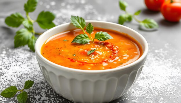 Gaspacho soupe tomate froide concombre poivron menthe isolé avec des points blancs