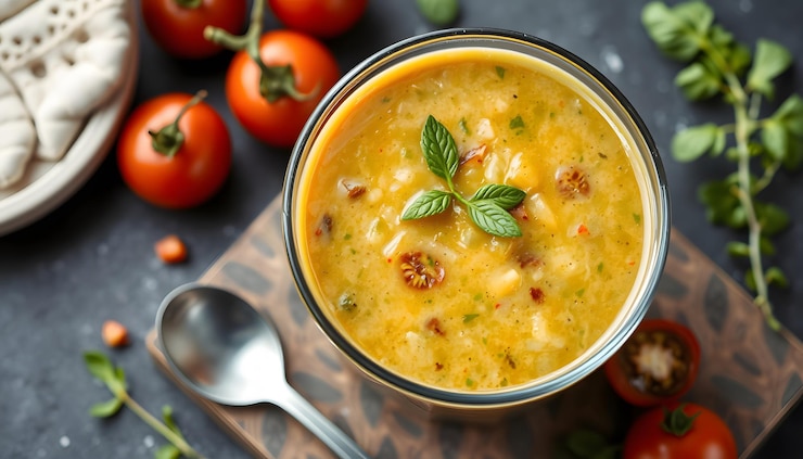 Photo gaspacho soupe tomate froide concombre poivron menthe isolé avec des points blancs