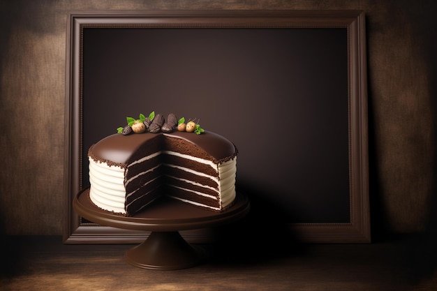 Gâteau 3 couches à la crème de truffe au chocolat sur une table en bois, espace vide vide