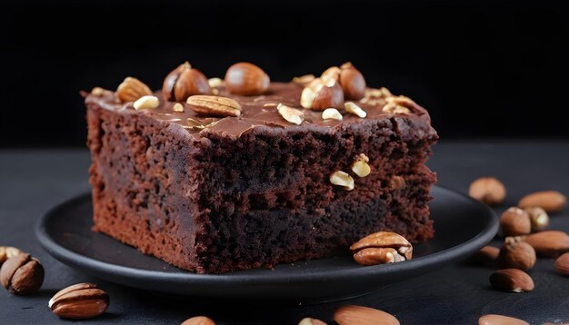 Le gâteau américain classique est le brownie, un gâteau au chocolat avec des noix sur un fond noir.