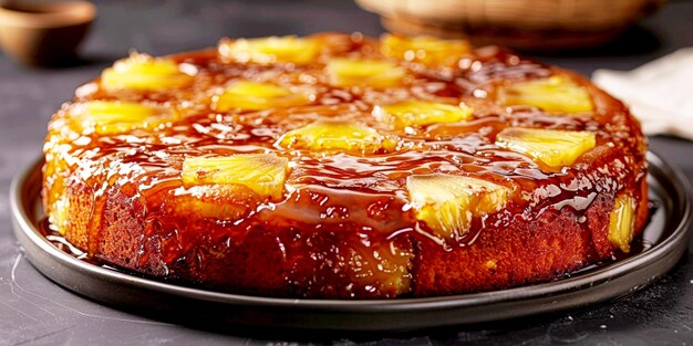 Un gâteau à l'ananas écrasé à l'envers, ses tranches d'ananas caramélisées et ses cerises magnifiquement exposées.