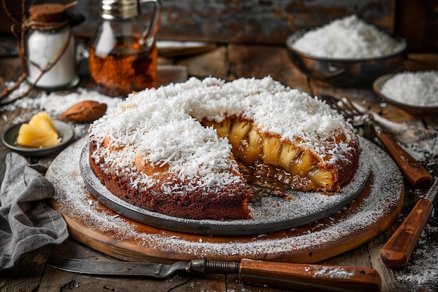 Un gâteau à l'ananas et à la noix de coco à l'envers