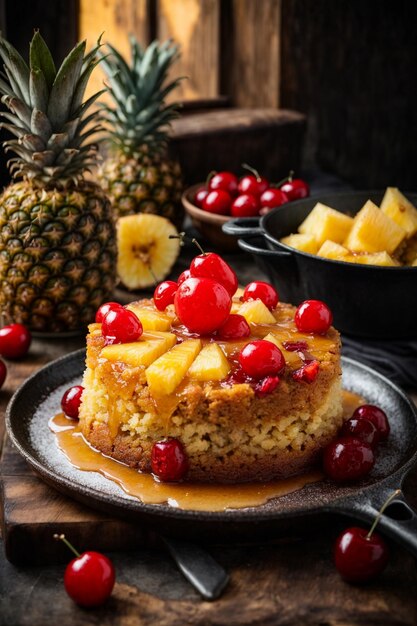 Un gâteau d'ananas rustique à l'envers cuit dans une casserole en fonte et recouvert d'une couche généreuse