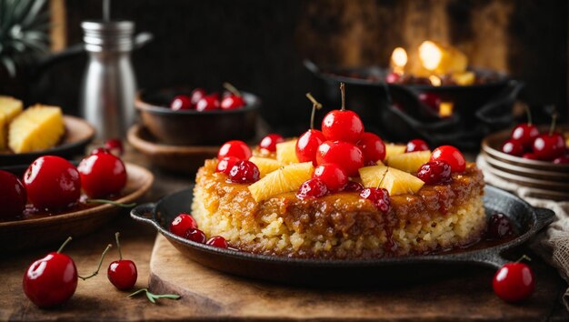 Un gâteau d'ananas rustique à l'envers cuit dans une casserole en fonte et recouvert d'une couche généreuse