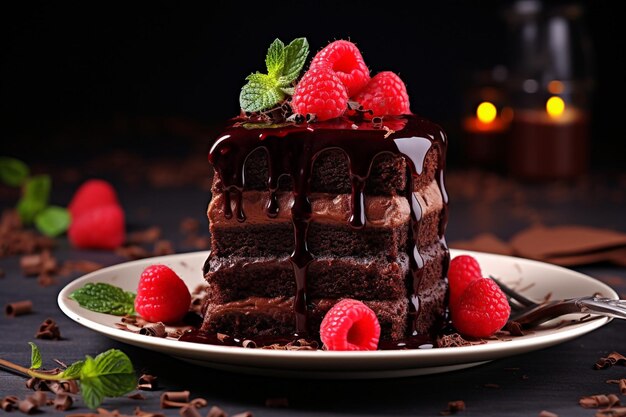 Un gâteau à angle élevé avec du chocolat et des bâtons de cannelle.