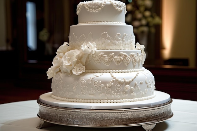 Gâteau en anneau avec un motif floral complexe et une cascade d'accents de perles ou de cristaux