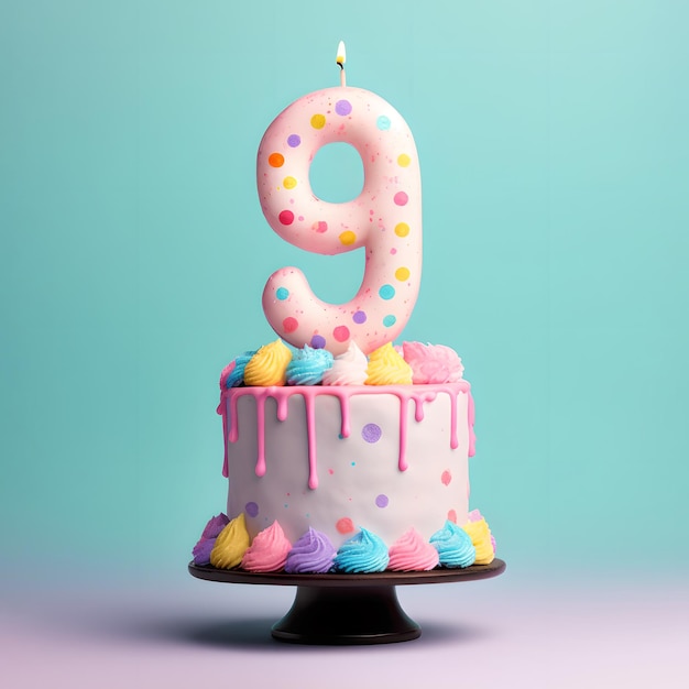 Photo gâteau d'anniversaire 9 ans sur fond pastel coloré isolé