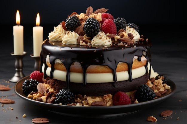 Un gâteau d'anniversaire au chocolat en arrière-plan