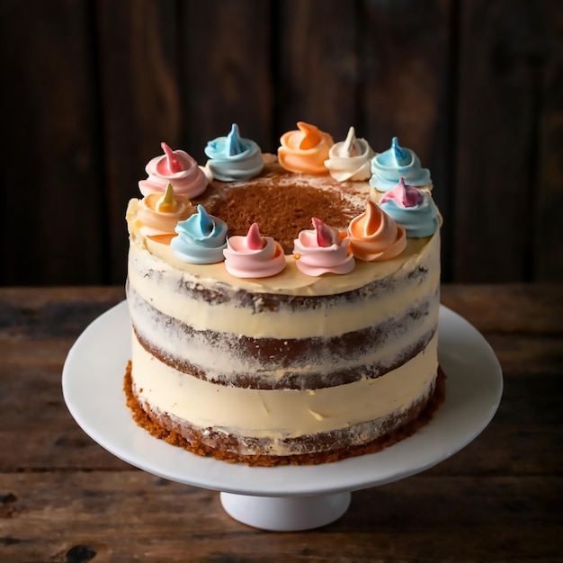 Gâteau d'anniversaire au chocolat avec des fleurs de crème au beurre roses sur fond de bois avec des bougies verticales