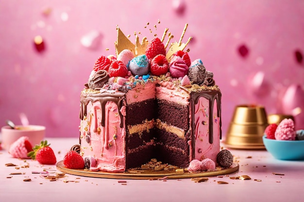 Gâteau d'anniversaire au chocolat avec des framboises et des bleuets sur fond rose