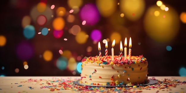 Gâteau d'anniversaire au milieu d'un flou de fête joyeux