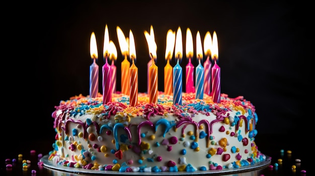 Gâteau d'anniversaire aux bleuets avec bougies et goutte à goutte jaune