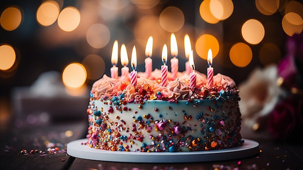 Gâteau d'anniversaire aux chandelles avec bokeh provenant de sources lumineuses