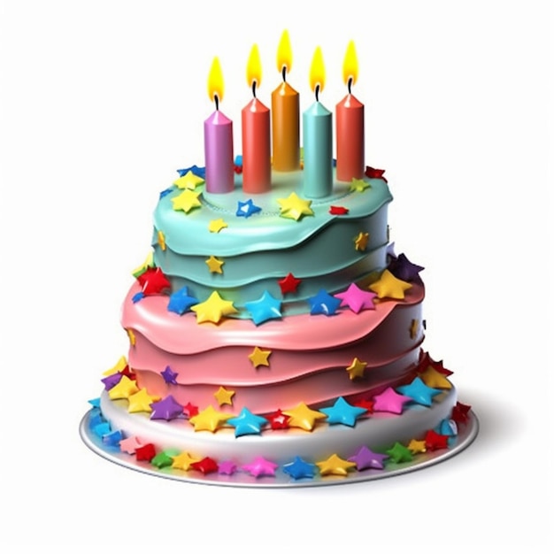 Un gâteau d'anniversaire aux couleurs vives avec des bougies et des étoiles sur le dessus.