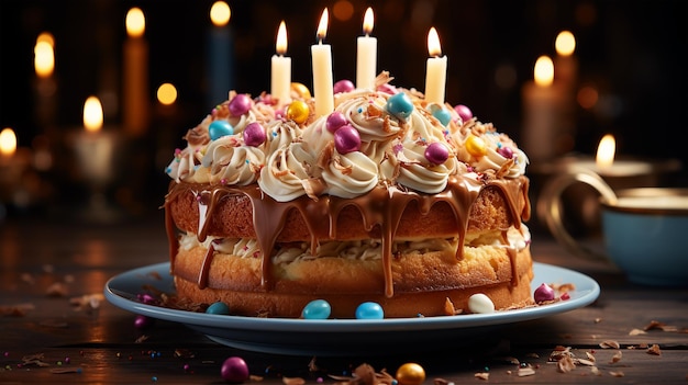 Gâteau d'anniversaire avec baies de fruits et biscuits copie espace concept de fête pour enfants et adultes