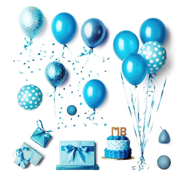 Photo un gâteau d'anniversaire avec des ballons bleus et une boîte avec un ruban bleu et une boite à cadeaux.