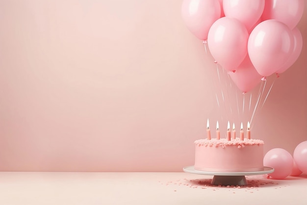 Un gâteau d'anniversaire avec des ballons roses et des bougies sur un fond rose pastel