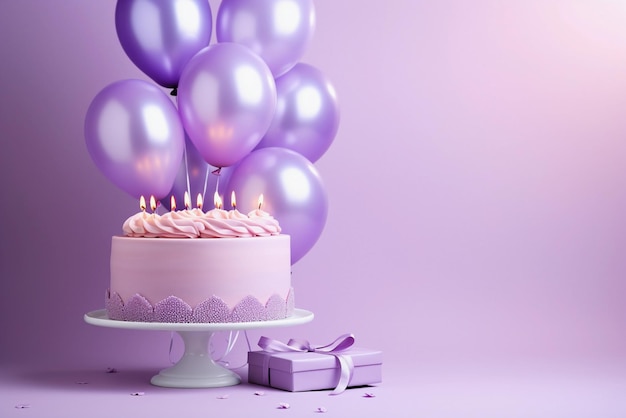 Gâteau d'anniversaire avec ballons violets et boîte-cadeau sur fond violet