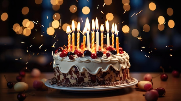 Photo un gâteau d'anniversaire avec beaucoup de bougies allumées