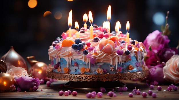 Gâteau d'anniversaire avec beaucoup de bougies