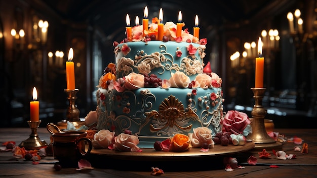 Gâteau d'anniversaire avec beaucoup de bougies