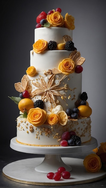 Photo un gâteau d'anniversaire blanc à quatre niveaux