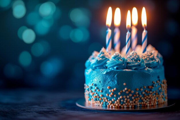 Photo un gâteau d'anniversaire bleu avec des bougies allumées sur un fond festif