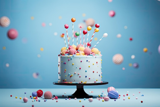 Gâteau d'anniversaire avec des bonbons colorés et des pépites sur fond bleu Gâteau d'anniversaire avec des bonbons sur fond bleu avec espace de copie généré par AI