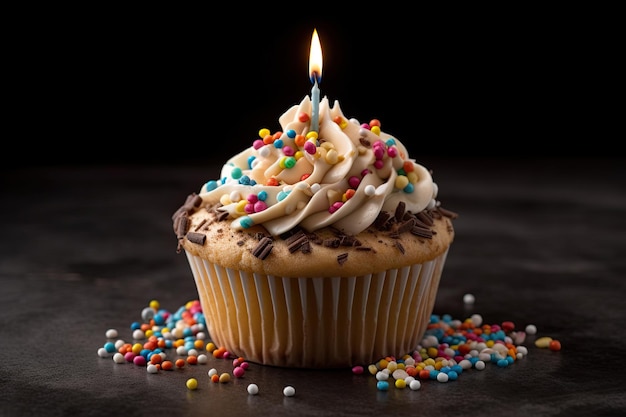 Un gâteau d'anniversaire avec une bougie brûlante et des éclaboussures colorées sur un fond noir Un gâteau de joie avec tant de garnitures sucrées et de bougies généré par l'IA