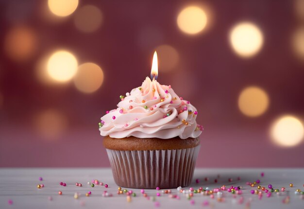 Gâteau d'anniversaire avec une bougie de crème rose et une décoration festive sur un fond lumineux avec un espace de copie généré par l'IA